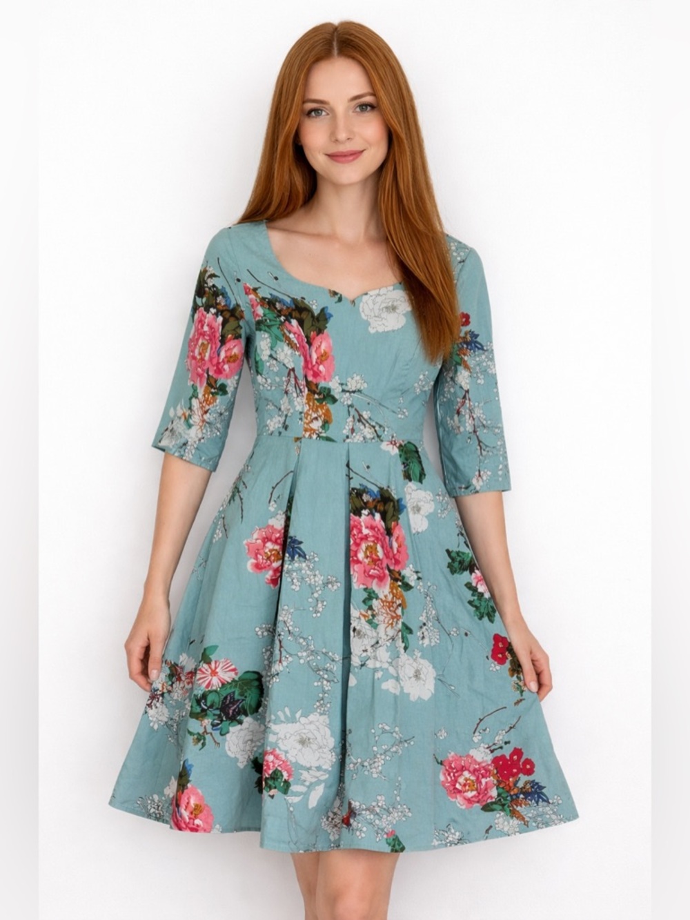 Blue Floral Retro Style Fit & Flare Dress Medium Vintage Lamiu Short Sleeve